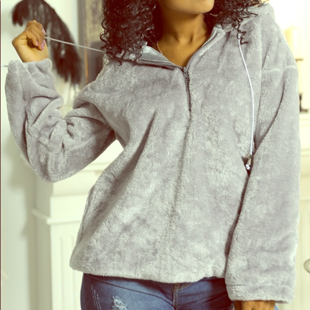 Chic Hooded Collar Zipper Design Velvet